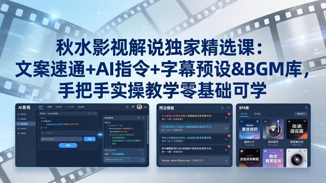 秋水影视解说独家精选课：文案速通+AI指令+字幕预设+BGM库，手把手实操教学零基础可学-伏羲SAAS