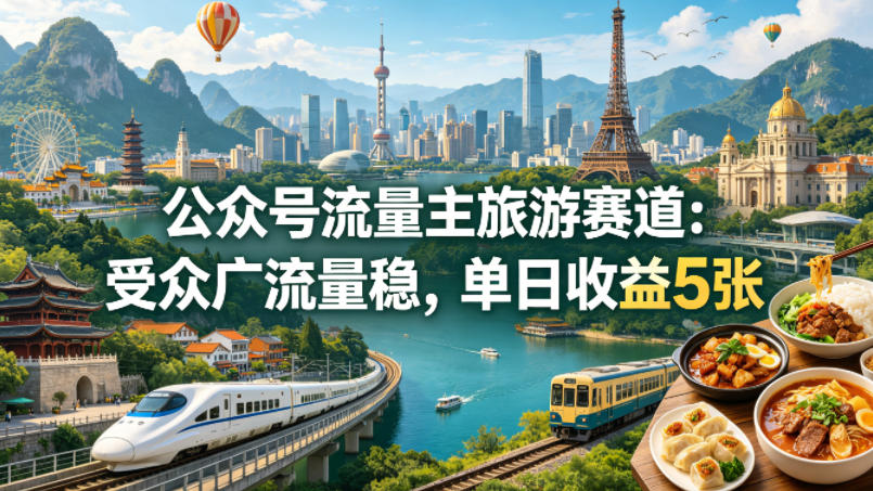 公众号流量主之旅游赛道，受众广+流量稳，平均单日收益5张+-伏羲SAAS