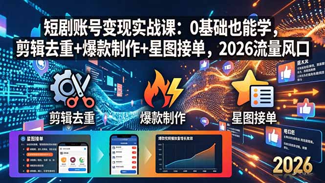 短剧账号变现实战课：0基础也能学，剪辑去重+爆款制作+星图接单，2026流量风口-伏羲SAAS