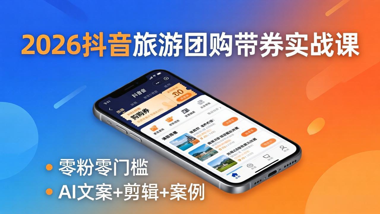 2026抖音旅游团购带券实战课：零粉零门槛，AI文案+剪辑+案例，躺着赚门票佣金-伏羲SAAS