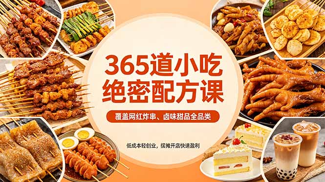 365道小吃绝密配方课：覆盖网红炸串、卤味甜品全品类，低成本轻创业，摆摊开店快速盈利-伏羲SAAS