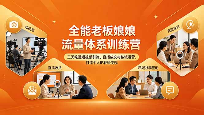 全能老板娘流量体系训练营，三天吃透短视频引流、直播成交与私域运营，打造个人IP轻松变现-伏羲SAAS