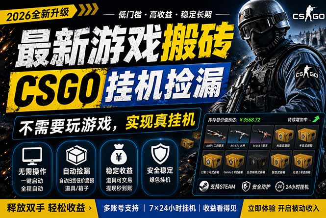 最新游戏搬砖，CSGO纯挂机，不需要玩游戏，实现真挂机，月入1W+，五一小高峰上车可吃肉，...-伏羲SAAS