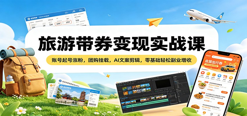 旅游带券变现实战课：账号起号涨粉，团购挂载，AI文案剪辑，零基础轻松副业增收-伏羲SAAS