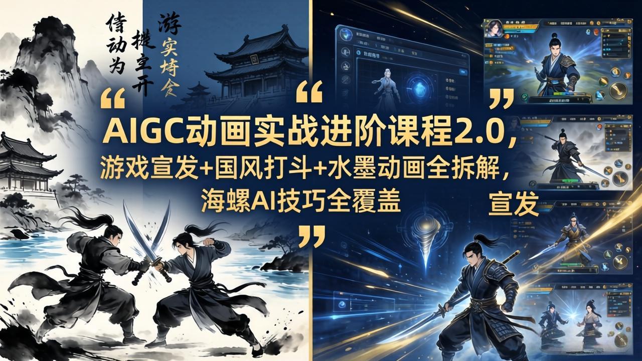AIGC动画实战进阶课程2.0，游戏宣发+国风打斗+水墨动画全拆解，海螺AI技巧全覆盖-伏羲SAAS