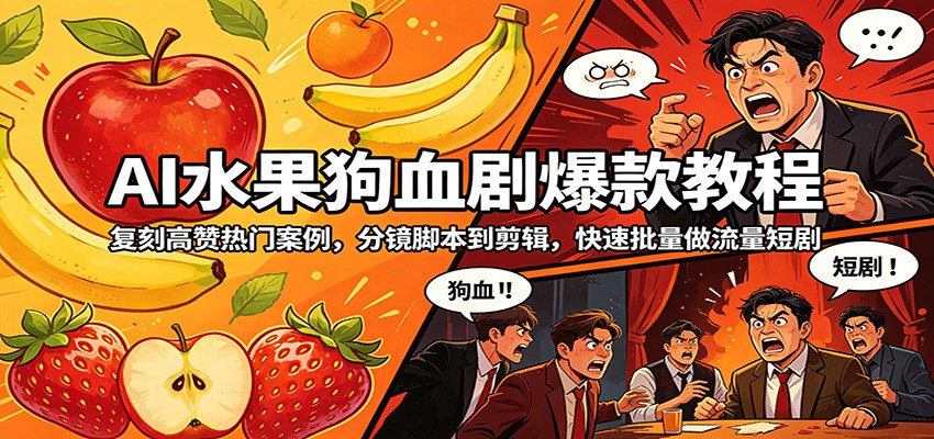 AI水果狗血剧爆款教程：复刻高赞热门案例，分镜脚本到剪辑，快速批量做流量短剧-伏羲SAAS