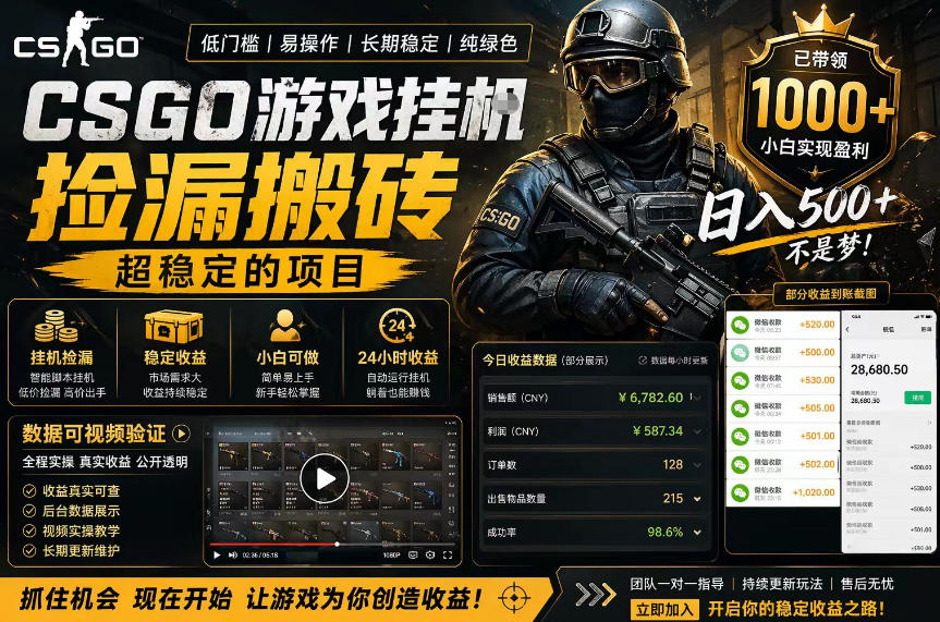 CSGO游戏搬砖，全自动挂G，不需要玩游戏，手机操作日入300+，解放双手【揭秘】-伏羲SAAS