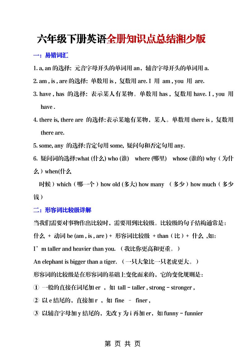 六年级下英语全册知识点总结《湘少版》-伏羲SAAS