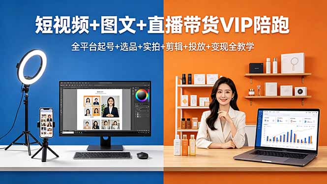短视频+图文+直播带货VIP陪跑，全平台起号+选品+实拍+剪辑+投放+变现全教学-伏羲SAAS