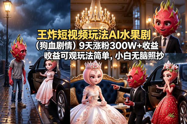 王炸短视频玩法AI水果剧(狗血剧情)9天涨粉300W+收益可观玩法简单，小白无脑照抄，详细拆解玩法-伏羲SAAS
