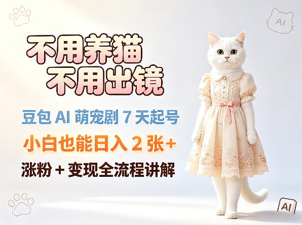 不用养猫不用出镜，豆包AI萌宠剧7天起号，小白也能日入2张+，涨粉+变现全流程讲解-伏羲SAAS
