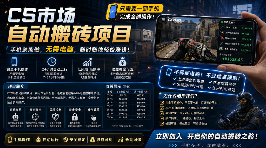 手机即可操作的CS市场自动搬砖系统｜自动监控｜自动下单|日入300+【揭秘】-伏羲SAAS