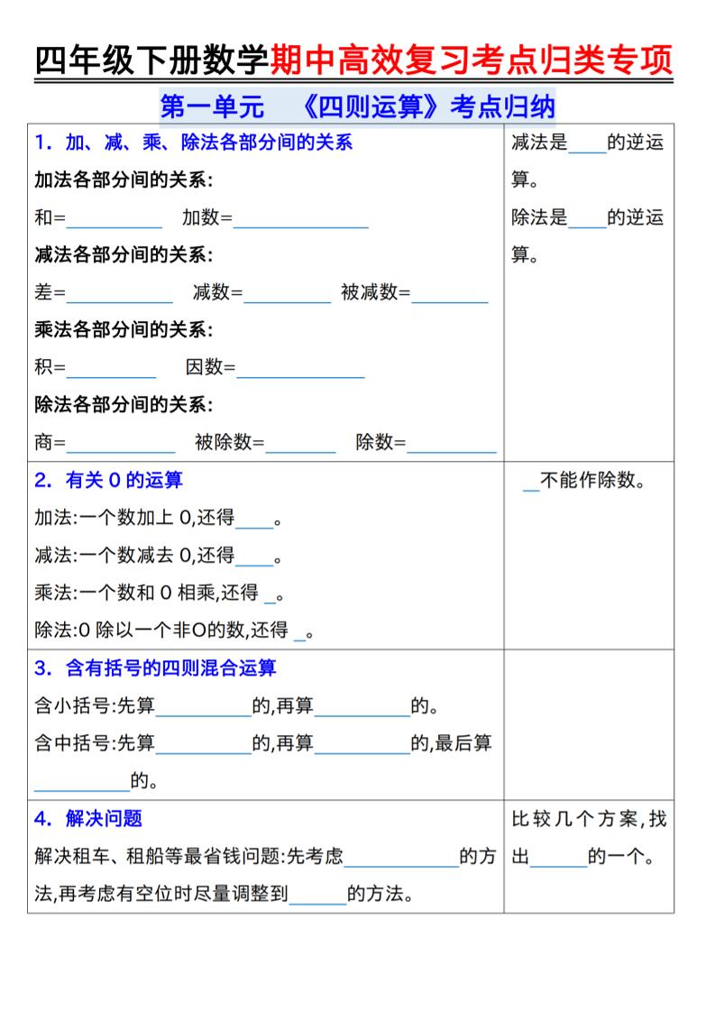四年级下数学期中复习考点归类专练-伏羲SAAS
