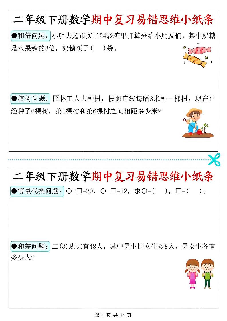 二年级下数学期中复习易错思维小纸条-伏羲SAAS
