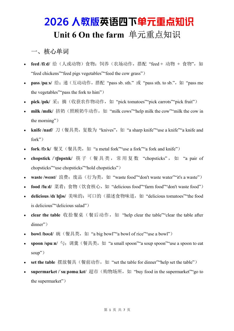 四年级下英语Unit6重点知识汇总《人教版PEP》-伏羲SAAS