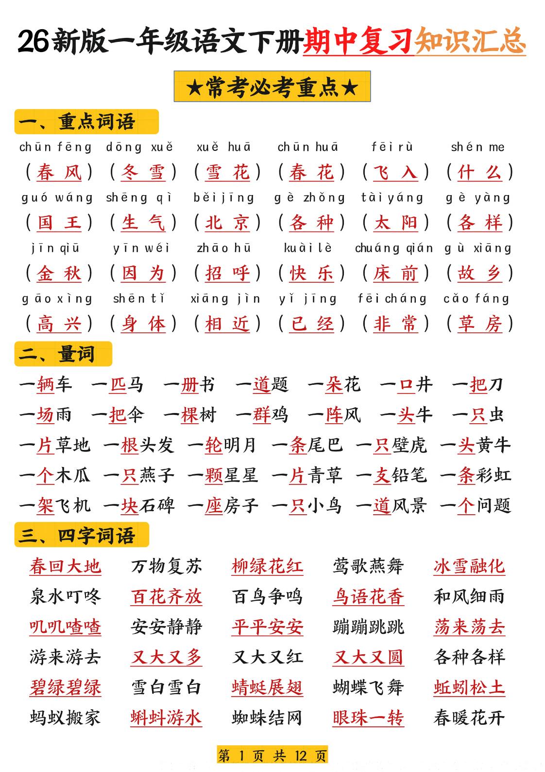 26新版一年级语文下册期中复习知识汇总-伏羲SAAS