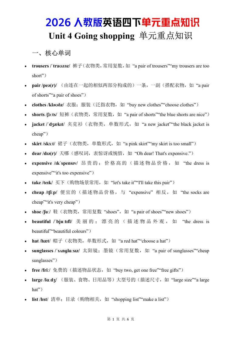 四年级下英语Unit4重点知识汇总《人教版PEP》-伏羲SAAS
