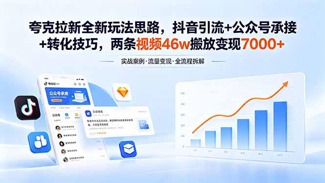 夸克拉新全新玩法思路,抖音引流+公众号承接+转化技巧,两条视频46w搬放 变现7000+-伏羲SAAS