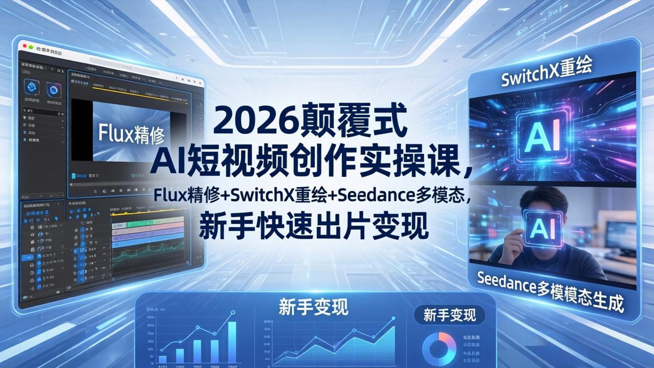 2026颠覆式 AI短视频创作课-5月更新，Flux精修+SwitchX重绘+Seedance多模态，新手快速出片变现-伏羲SAAS