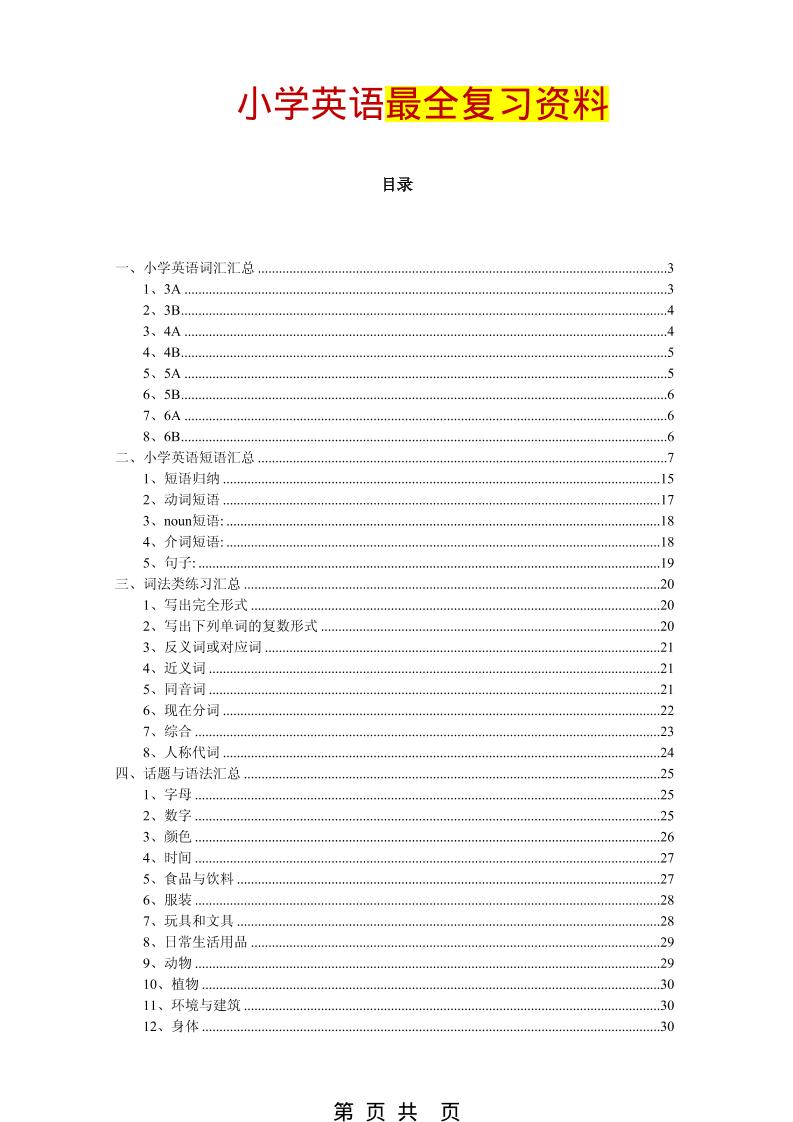 六年级下英语最全复习资料（单词、短语、语法、主题）-伏羲SAAS
