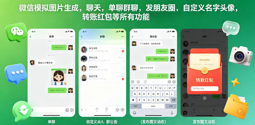 微信模拟图片生成,聊天,单聊群聊,发朋友圈,自定义名字头像,转账红包等所有功能都可以生成-伏羲SAAS