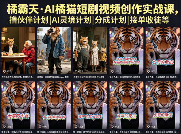 橘霸天·AI橘猫短剧视频创作实战课，撸伙伴计划|AI灵境计划|分成计划|接单收徒等-伏羲SAAS