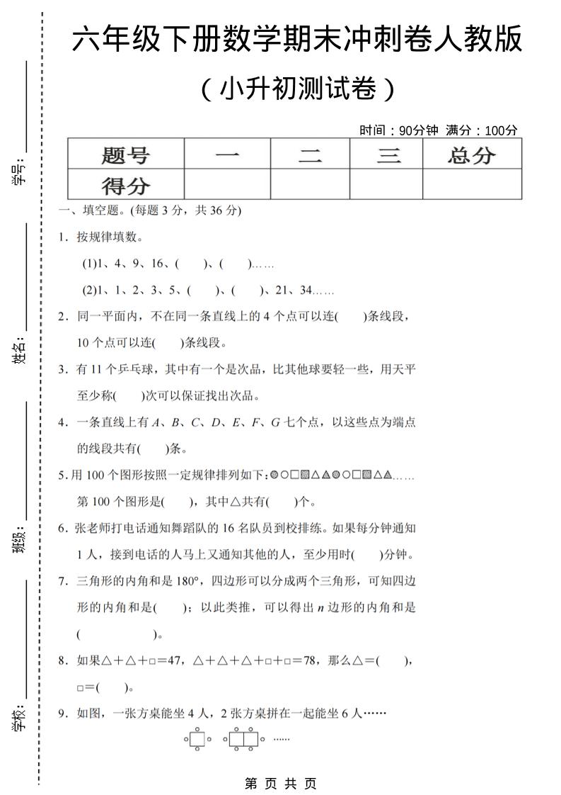六年级下数学期末小升初冲刺卷《人教版》-伏羲SAAS