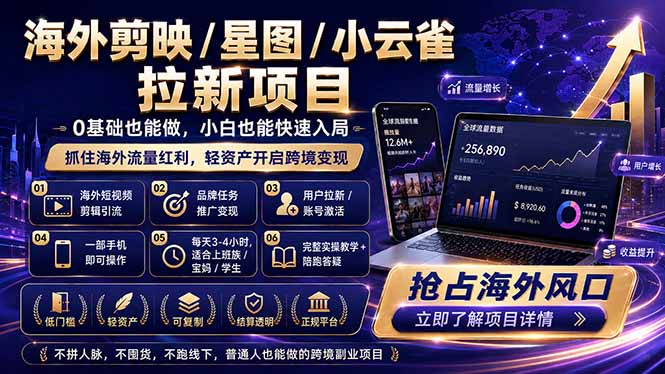 海外剪映 / 星图 / 小云雀拉新项目 普通人也能上手的跨境流量变现副业-伏羲SAAS