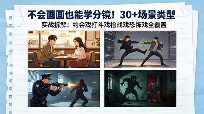 不会画画也能学分镜！30+场景类型实战拆解：约会戏打斗戏枪战戏恐怖戏全覆盖-伏羲SAAS