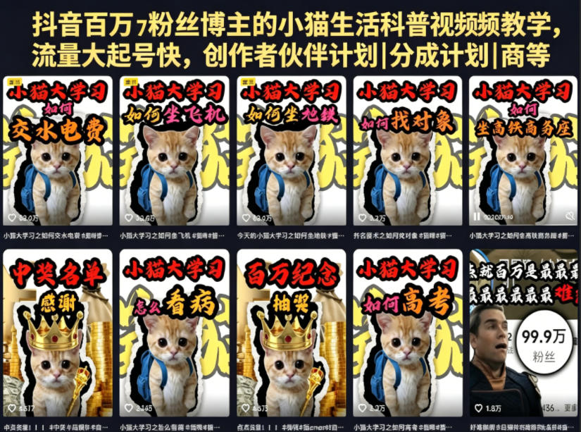 抖音百万粉丝博主的小猫生活科普视频教学，流量大起号快，创作者伙伴计划|分成计划|商单|收徒等-伏羲SAAS