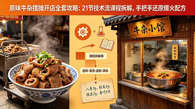 原味牛杂摆摊开店全套攻略:21节技术流课程拆解,手把手还原爆火配方-伏羲SAAS
