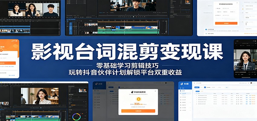 影视台词混剪变现课:零基础学习剪辑技巧,玩转抖音伙伴计划解锁平台双重收益-伏羲SAAS