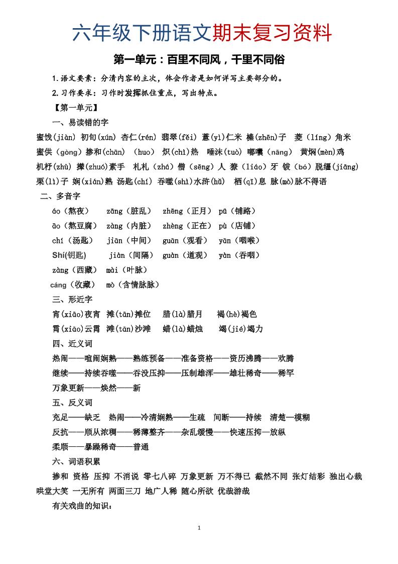 六年级下语文期末复习资料-伏羲SAAS