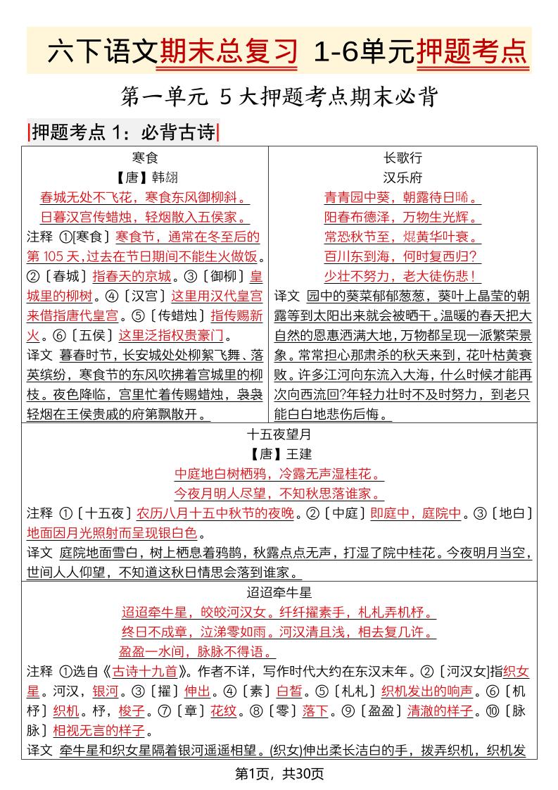 六年级下语文期末总复习1-6单元押题考点-伏羲SAAS