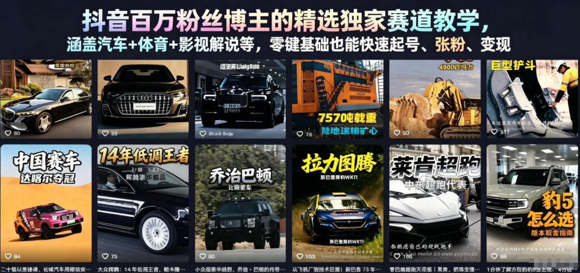 抖音百万粉丝博主的精选独家赛道教学，涵盖汽车+体育+影视解说等，零基础也能快速起号、涨粉、变现-伏羲SAAS