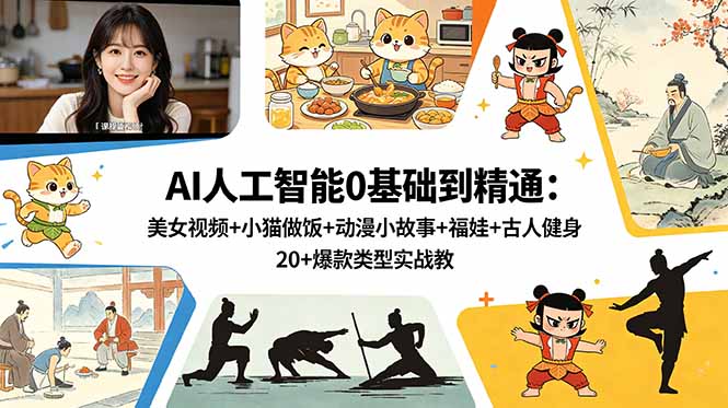 AI人工智能0基础到精通：美女视频+小猫做饭+动漫小故事+福娃+古人健身，20+爆款类型实战教学-伏羲SAAS