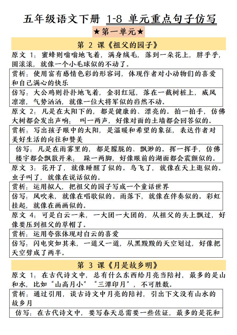 五年级下语文1-8单元重点句子仿写-伏羲SAAS