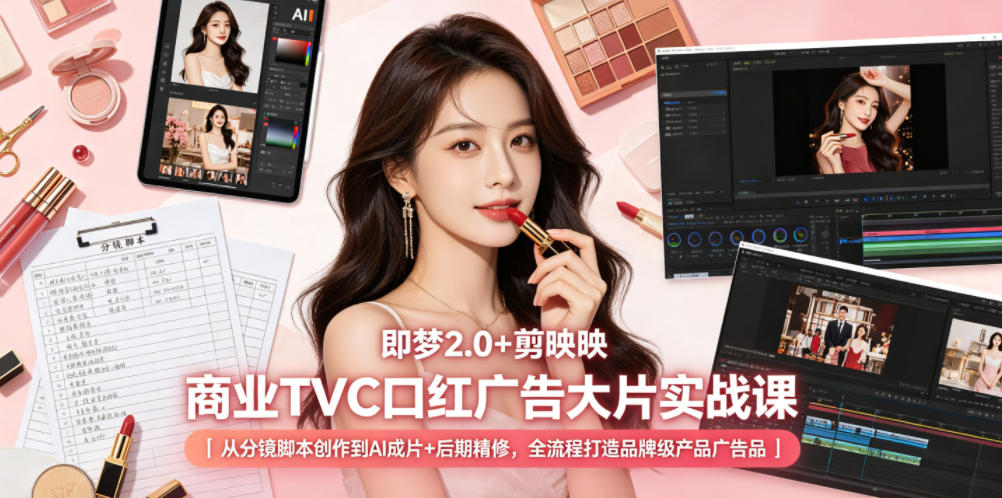 即梦2.0+剪映商业TVC口红广告大片实战课｜从分镜脚本创作到AI成片+后期精修，全流程打造品牌级产品广告-伏羲SAAS