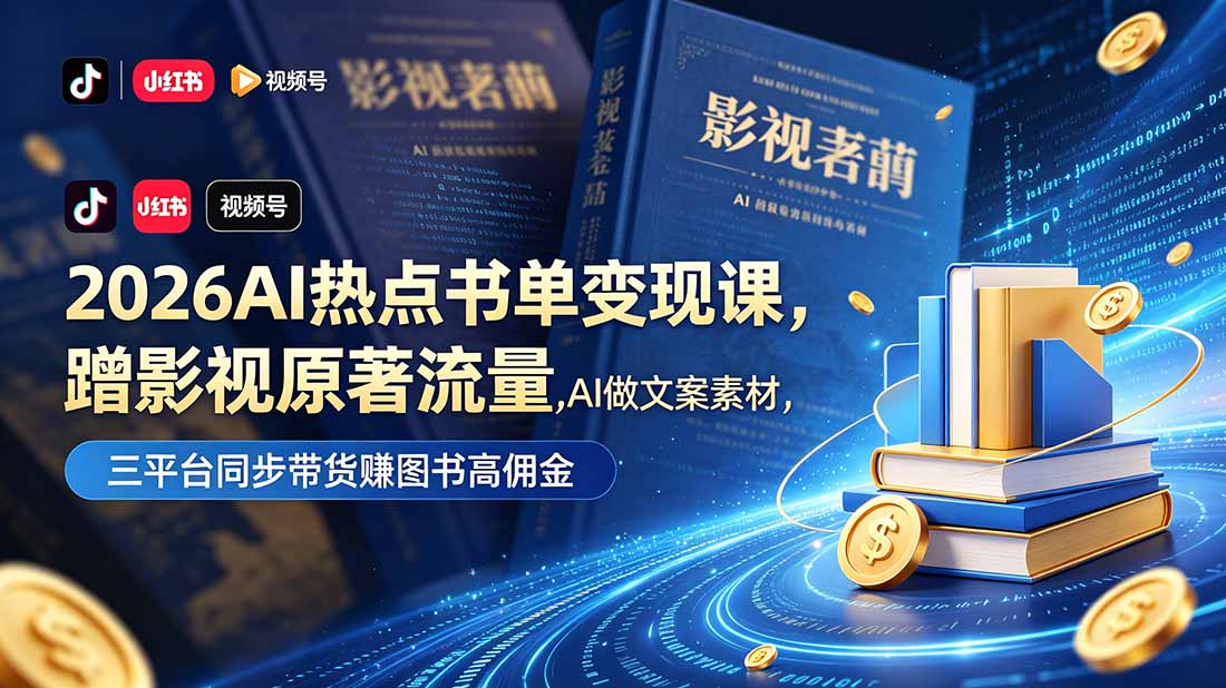 2026AI热点书单变现课，蹭影视原著流量，AI做文案素材，三平台同步带货赚图书高佣金-伏羲SAAS