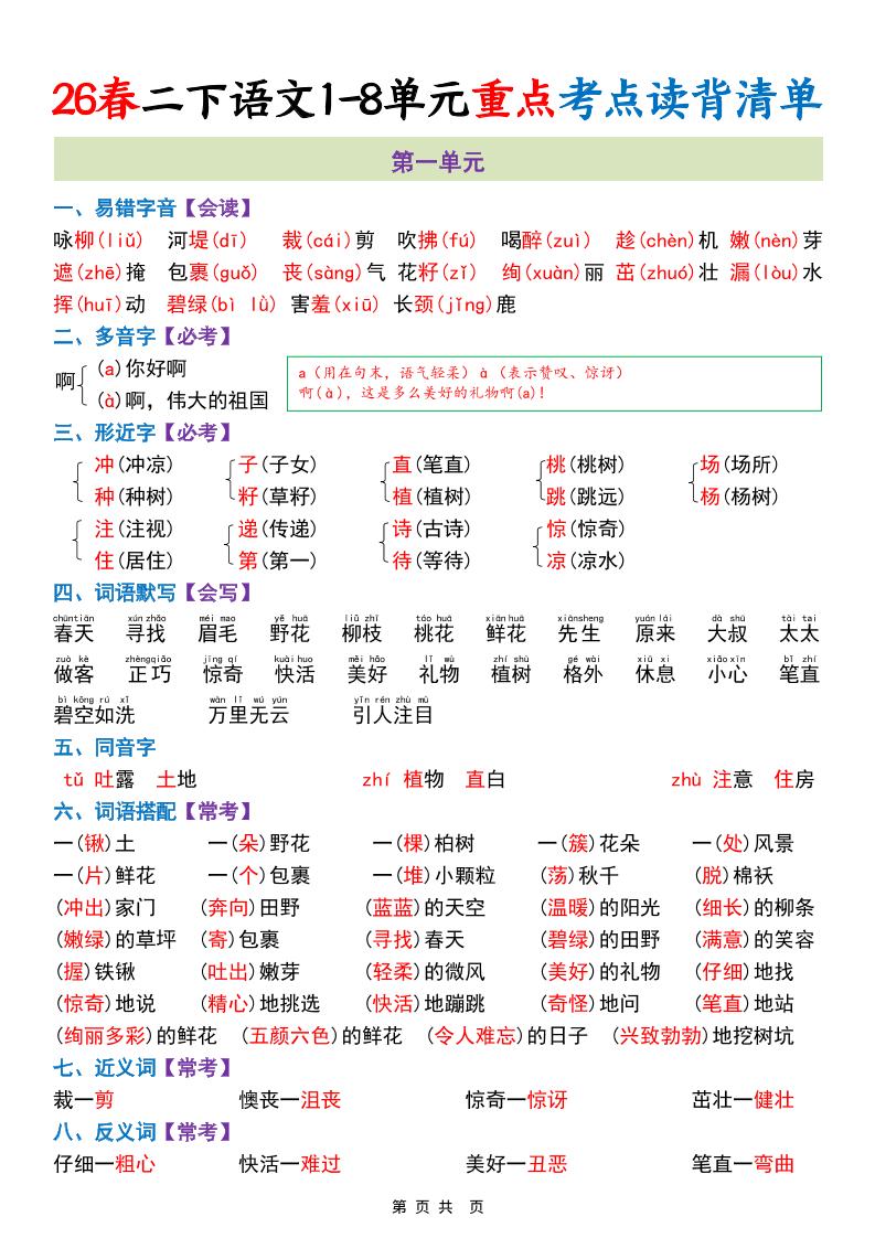 二年级下语文1-8单元重点考点读背清单-伏羲SAAS