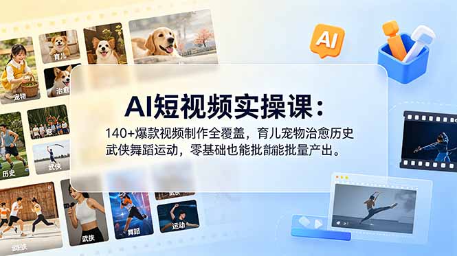 AI短视频实操课:140+爆款视频制作全覆盖,育儿宠物治愈历史武侠舞蹈运动,零基础也能批量产出-伏羲SAAS