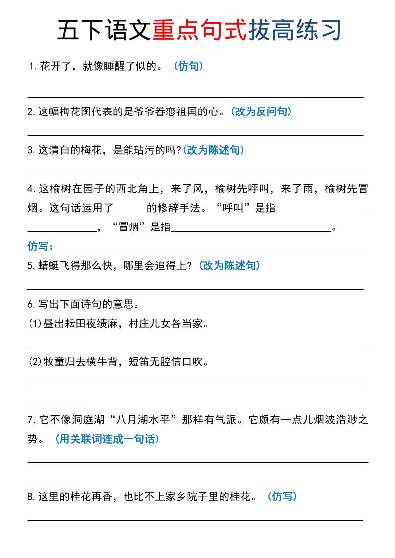 五年级下语文《重点句式》拔高练习-伏羲SAAS