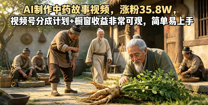 AI制作中药故事视频,涨粉35.8W,视频号分成计划+橱窗收益非常可观,简单易上手-伏羲SAAS