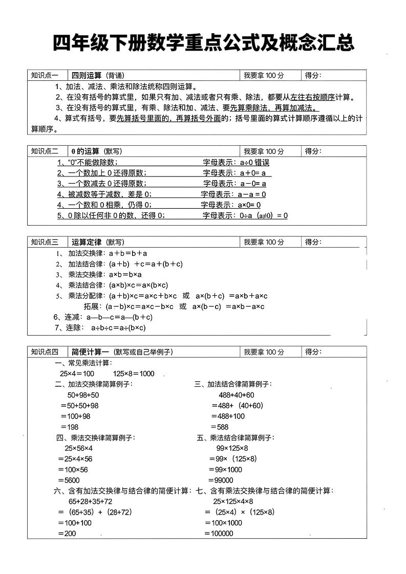 四年级下数学重点公式及概念汇总-伏羲SAAS