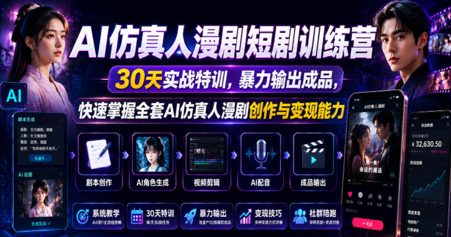 AI仿真人漫剧短剧训练营，30天实战特训，暴力输出成品，快速掌握全套AI仿真人漫剧创作与变现能力-伏羲SAAS
