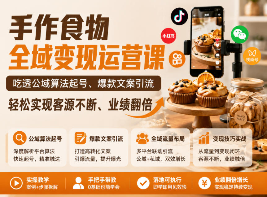 手作食物全域变现运营课,吃透公域算法起号、爆款文案引流,轻松实现客源不断、业绩翻倍-伏羲SAAS
