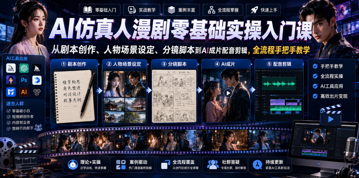 AI仿真人漫剧零基础实操入门课，从剧本创作、人物场景设定、分镜脚本到AI成片配音剪辑，全流程手把手教学-伏羲SAAS