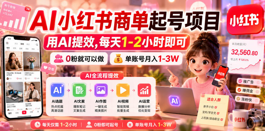AI小红书商单起号项目,用AI提效,每天1-2小时即可,0粉就可以做,单账号月入1-3W-伏羲SAAS