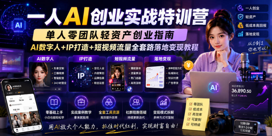 一人AI创业实战特训营,单人零团队轻资产创业指南,AI数字人+IP打造+短视频流量全套路落地变现教程-伏羲SAAS
