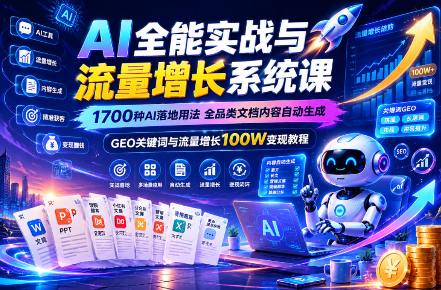 AI全能实战与流量增长系统课,1700种AI落地用法,全品类文档内容自动生成,GEO关键词与流量增长100W变现教程-伏羲SAAS